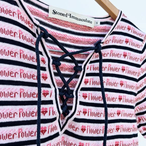 Stoned Immaculate Flower Power Knit Cotton Mini Dress Y2K Small Lace Up Pink - Picture 7 of 9